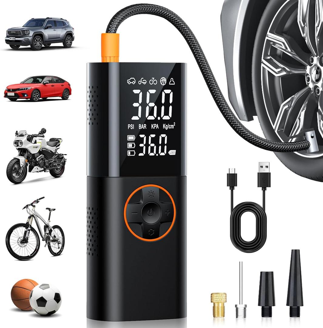 Tire Inflator Portable Air Compressor - 150PSI Fast Cordless Air Pump for Car Tires, Rechargeable Bike Tire Pump with Digital Pressure Gauge, LED Light for Cars, Bicycles, Balls and More (Orange)