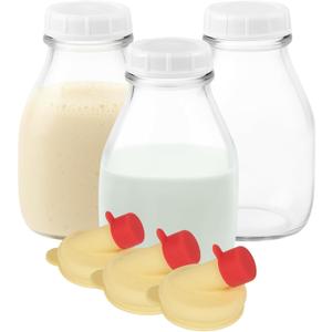 kitchentoolz 16 Oz Glass Milk Jug with Caps - Perfect Milk Container for Refrigerator Storage - 16 Ounce Short and Wide Glass Milk Bottle with Tamper Proof Lid and Pour Spout (2, 16 oz)