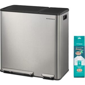 SONGMICS Kitchen Dual Trash Can, 13 + 5.3 Gallon (50 + 20 L) 2-Compartment Trash and Recycle Bin, Stainless Steel Garbage Can, Pedals, Soft-Close Lids, Inner Buckets, Silver ULTB770EZ01