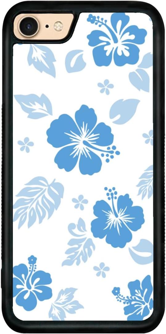 for iPhone SE 2020 iPhone 8 iPhone 7 Case Cute Kawaii Blue Hibiscus Hawaiian Flower Floral Aesthetic Phone Case for Girls Preppy Women