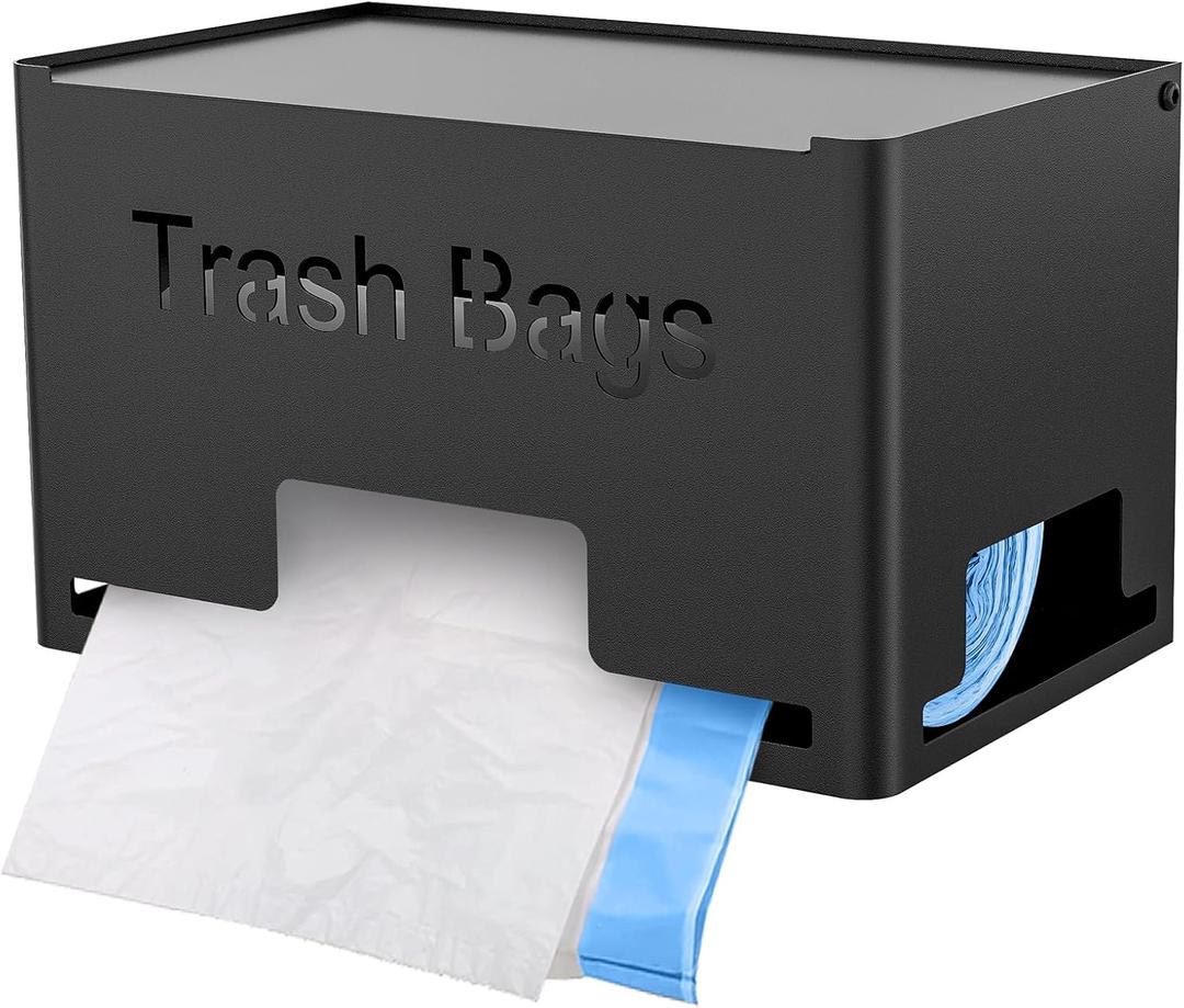 Large Trash Bag Holder Dispenser, Metal Garbage Bag Dispenser Roll Holder, Kitchen Trash Bag Organizer for Under Sink, Wall Mounted or Freestanding, Black (Large (10"x6"x6"))