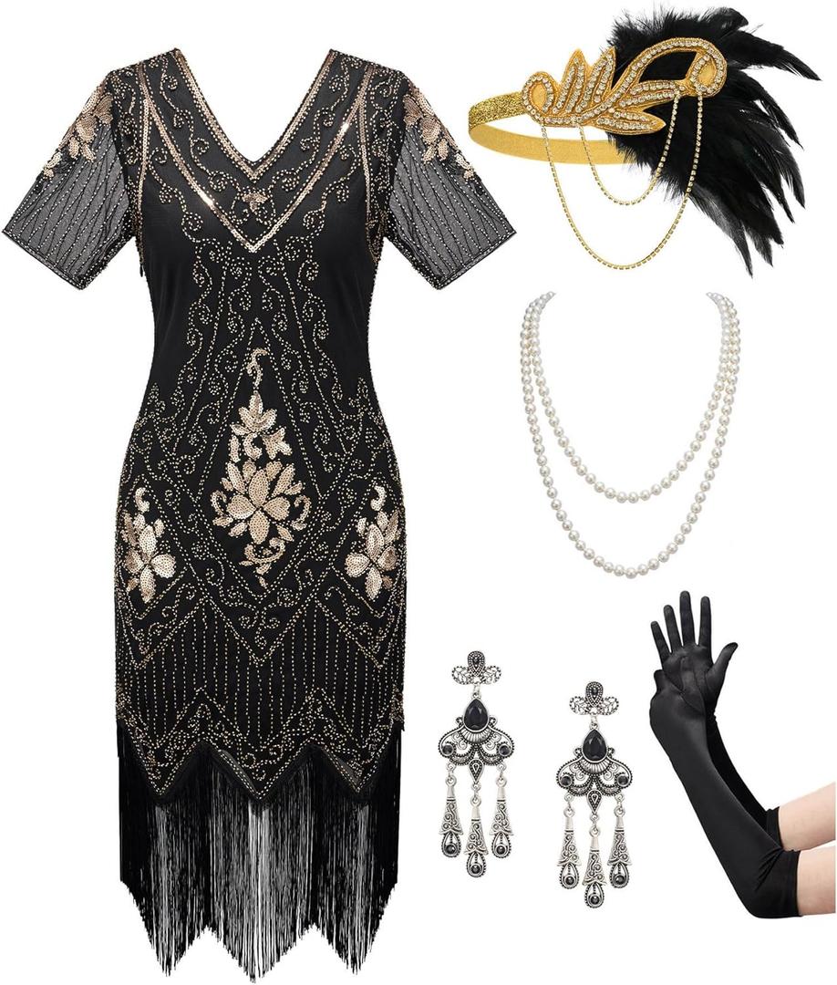 SWEETV Women's Flapper Dresses 1920s Fringed Sequin Great Gatsby Dress with 20s Accessories -Roaring 20s Costumes (Medium, Black-Gold)