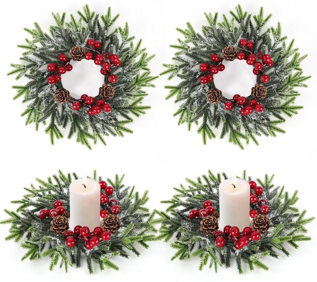 4 Pcs Christmas Candle Rings Wreath Mini Christmas Table Centerpieces Red Berry Pinecones Wreaths for for Front Door Kitchen Cabinet Holiday Party Farmhouse Porch Wall Outdoor Indoor Home Decoration