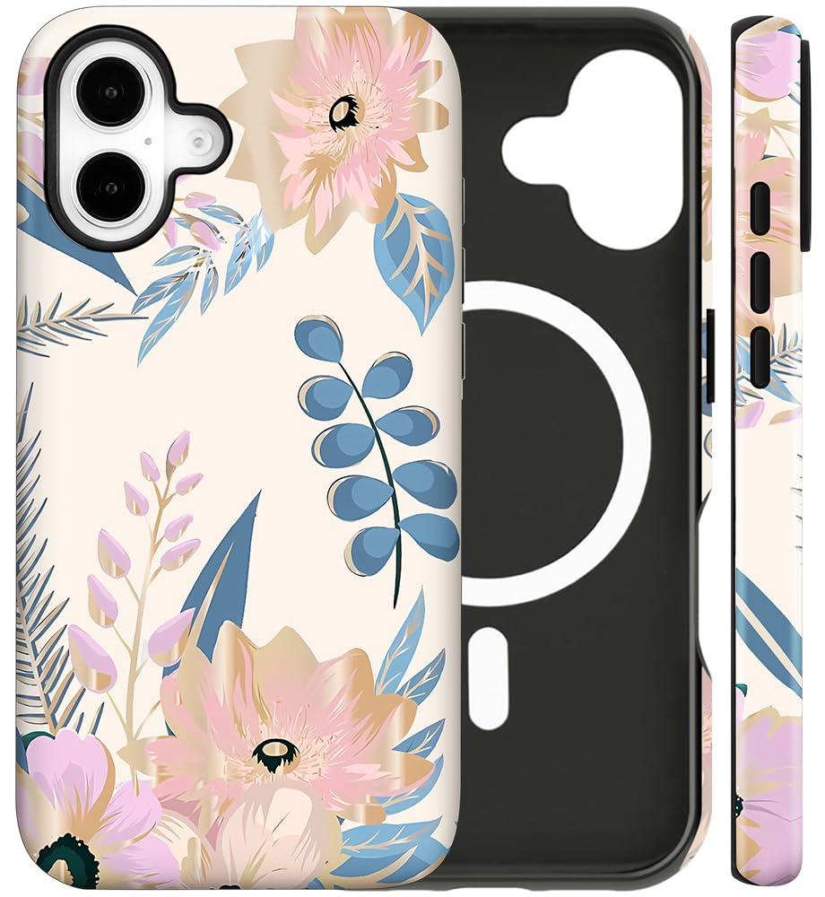 flewfun Magnetic for iPhone 16 Pro Max Case Cute Butterfly Lily Flower Floral Pattern, Shockproof Slim TPU and Hard PC Protective Phone Cover Compatible with MagSafe Designed for Women Girls