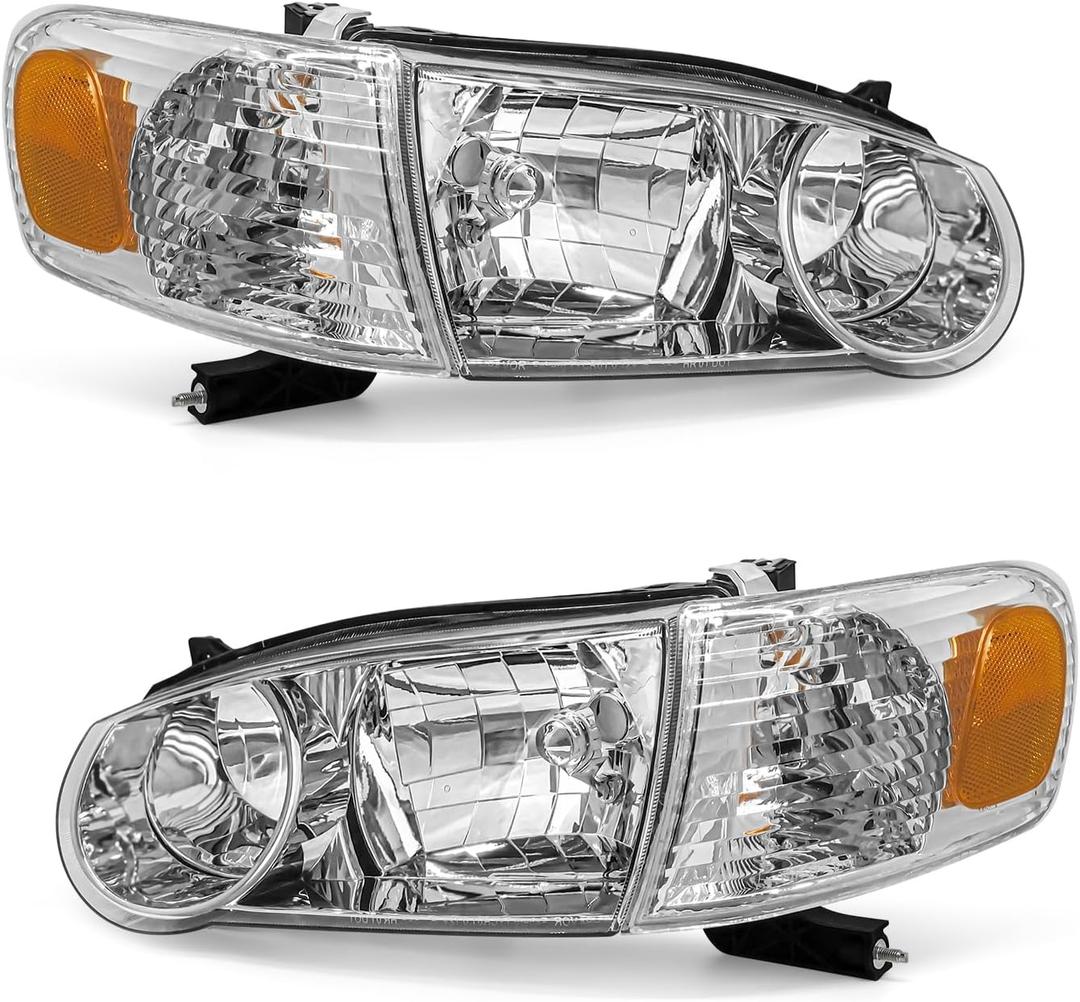 for 2001 2002 Toyota Corolla Headlight Assembly Chrome Housing Amber Reflector Driver and Passenger Side