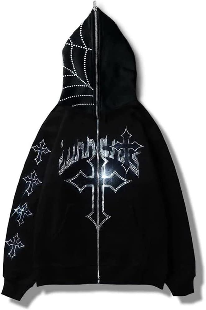 RYXSUN Rhinestone Hoodie Men Women Letter Graphic Gothic Hoodie Print Sweatshirt Full Zip Up Oversized Jacket (Medium, Black1)