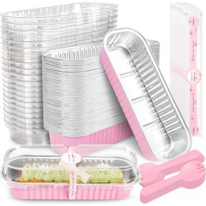 50 PACK Mini Cake Pans with Lids and Spoons, Rectangular Aluminum Foil Bread Pan, Mini Loaf Pans and Food Containers with Lids(Pink,6.8oz)