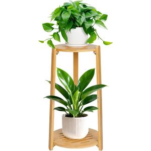2 Tier Round Bamboo Plant Stands Shelf Indoor , Wooden Corner Flower Pot Stands Shelf, Tall Plant Pedestal Holder Rack in Living Room Patio Balcony Outdoor, D12 H23.6 Inch