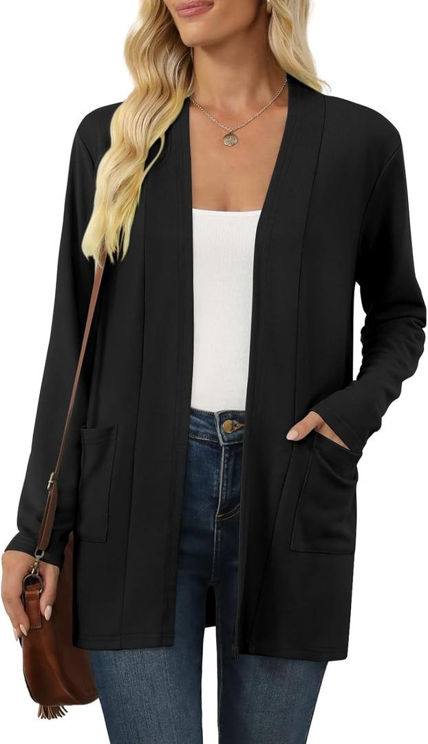 Women's Long Sleeve Cardigan Lightweight Casual Open Front Cardigans with Pockets (Medium, Black)