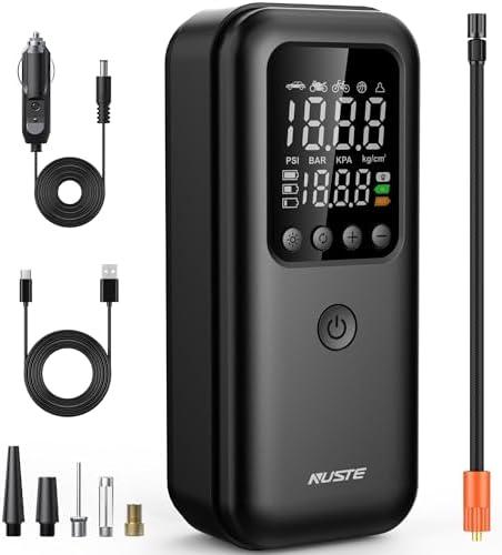 NUSTE Tire Inflator Portable Air Compressor, 3X Fast Air Pump for Car Tires, 150PSI Electric Tire Pump with Digital Pressure Gauge, LED Light, Bike Pump, Motorcycle, Ball, Car Accessories