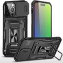 Compatible with iPhone 15 Pro Max Case, Military Grade Anti-Fall Mobile Phone Case with Sliding Window, Vehicle-Mounted Magnetic Finger Ring Bracket Protective Case (2023) 6.7"- Black