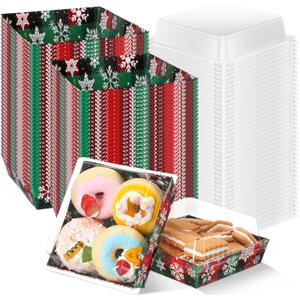 Potchen 50 Pack Christmas Charcuterie Boxes with Clear Lids  Red & Green Plaid Snowflake Design Boxes with Window for Cookies, Candy, and Mini Cakes  Ideal for Gift Giving & Bakery Packaging