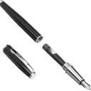 Refillable Fountain Pen with Smooth Writing, Medium Point, Black Metal Barrel, Black Ink, 2 Replacement Cartridges