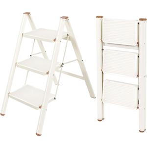 Valeo 3 Step Ladder, Lightweight Folding Step Stool with Wide Anti-Slip Pedal, 330LBS Capacity, Heavy Duty, Sturdy Iron Metal Step Stool for Home, Kitchen, Closet, Adults, Cream White