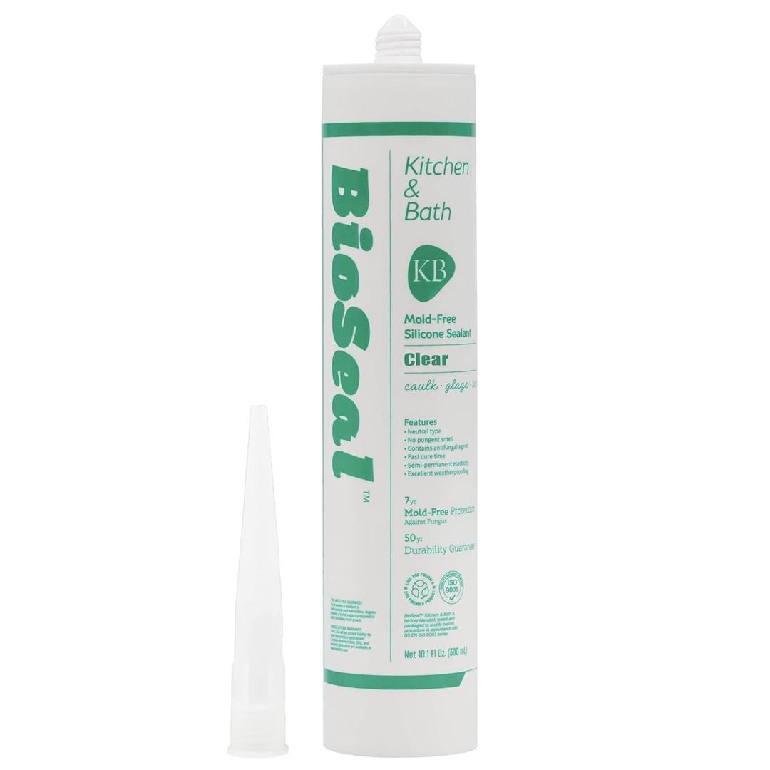 Clear BioSeal 100% Silicone Sealant Caulk Kitchen and Bath Grade, Waterproof and No Odor No Color Change 10.1 Ounce Cartridge, Clear