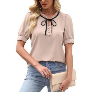 CiCiBird Womens Dressy Casual Blouses Elegant Business Work Tops Tie Front Puff Short Sleeve Shirt (Teal, M)