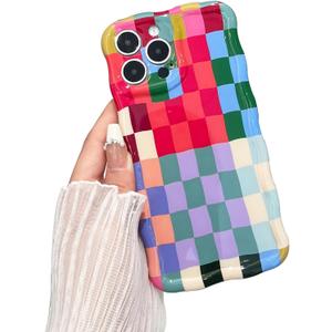 Compatible with iPhone 15 Case, Cute Wave Curly Colorful Checkerboard Plaid Phone Case for Women/Men, Soft TPU Shockproof Protection Case Designed for iPhone 15 
