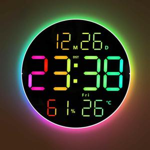 10 Inch Large Digital Wall Clock with 13 Color Changing Remote Control, Date Week Temperature, Auto Brightness Dimmer Big Clock with Night Lights,RGB