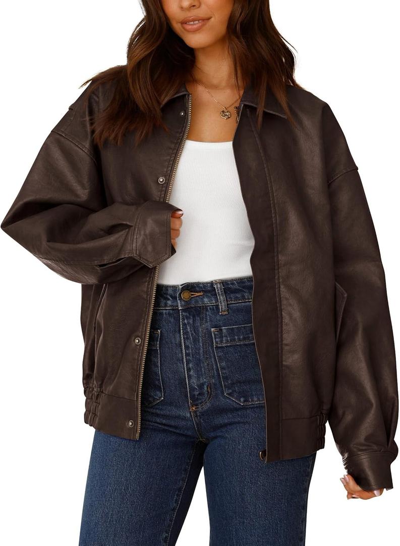 PRETTYGARDEN Women's Faux Leather Motorcycle Jacket Trendy Fall Spring Clothes Oversized Zip Up Winter Coat Outerwear, Size Small