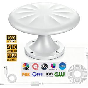 RV TV Antenna Roof Mounted for Camper/Travel Traile/Truck/Boat,White | 720° Long Range Omni Directional Reception Digital HD Antenna Signal, with Super Signal Booster, 35ft HDTV Cable