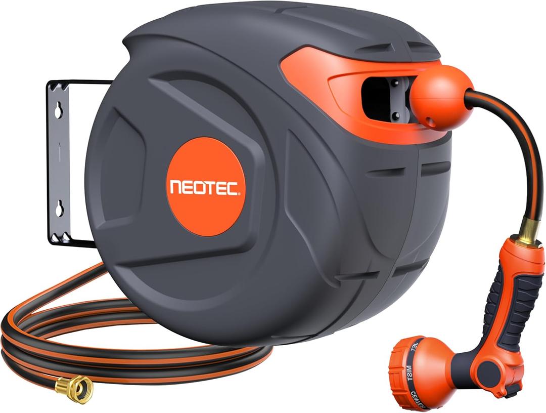 Retractable Garden Hose Reel 1/2" x 50 ft 9 Pattern Nozzle Any Length Lock Wall-Mounted Automatic Slow Return 180° Swivel UV Resistant Heavy Duty Hose Reels for Outside