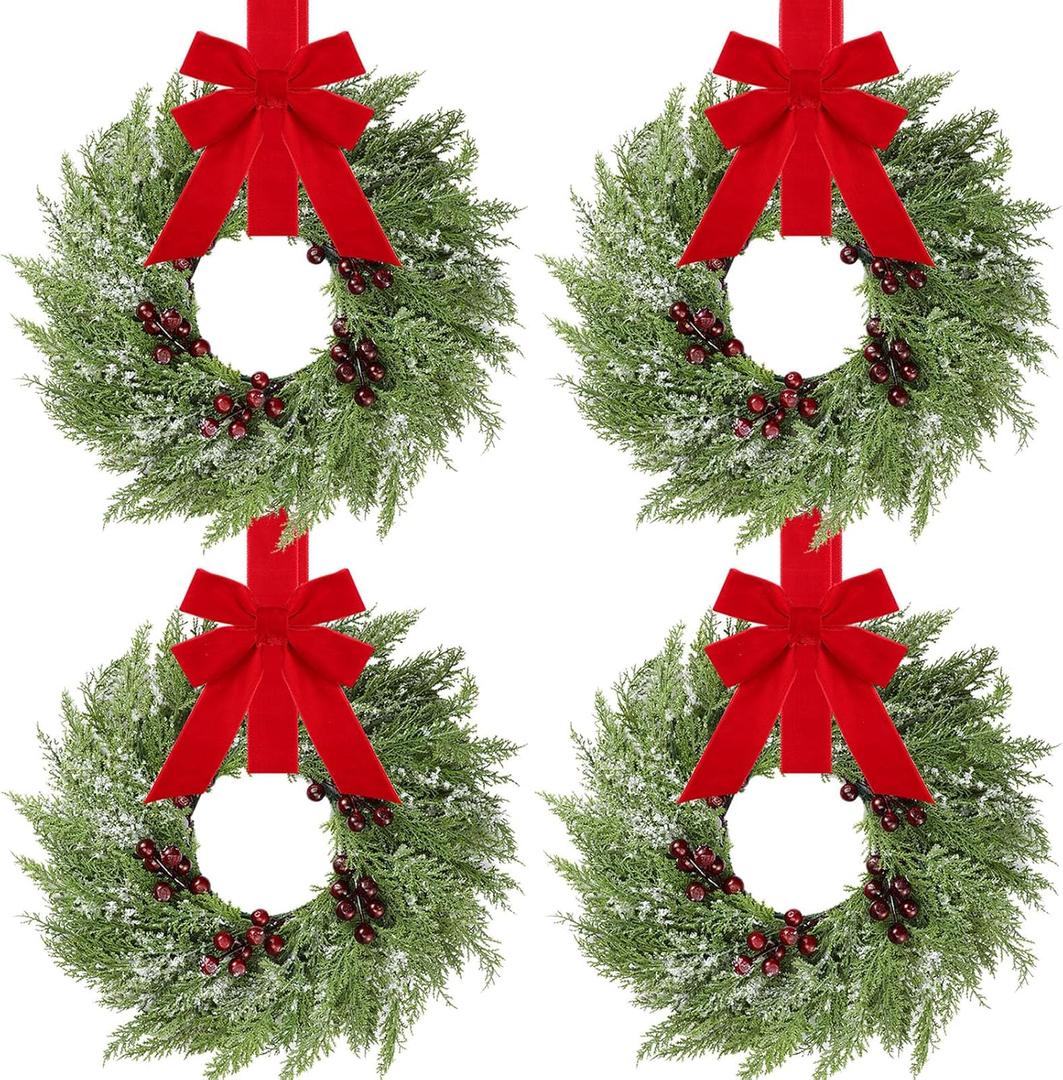 4 Pcs Small Christmas Norfolk Wreaths 15 Inch Christmas Kitchen Cabinet Mini Wreath Real Touch with Bow Ribbon Cedar Red Berry for Xmas Front Door Window Chair Fireplace Table Pillar Farmhouse Decor