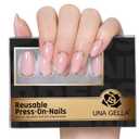 UNA GELLA 32Pcs Soft Gel Press on Nails - 16 Sizes Gold Rim Nude Pink Almond Glue on Nails, Reusable Elegant French False Nails, Full Cover Acrylic Nail Kit for Women DIY Home Manicure