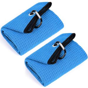 Mile High Life Tri-fold Golf Towel | 16" X 24" | Premium Microfiber Fabric | Waffle Pattern | with Heavy Duty Carabiner Clip | for Men and Women (2 Pack Blue)