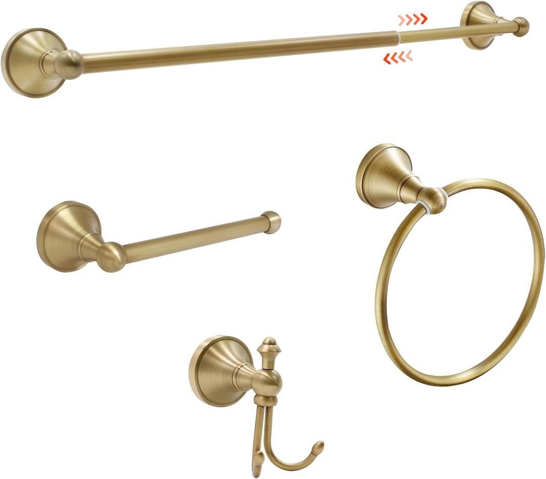Toocust 4 Piece Antique Brass Gold Bathroom Towel Bar Set - 16"-27.7" Adjustable Wall Mounted Hardware With Towel Holder