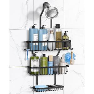 Shower Caddy Hanging - Never Rust Shower Hanging Organizer - Aluminum Over the ShowerHead Caddy with Soap Basket and 6 Hooks for Razor/Sponge (Black)