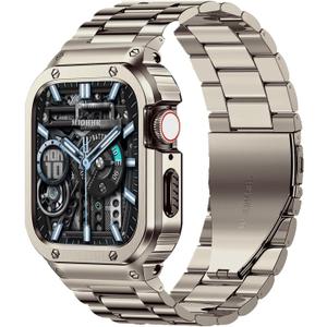 MioHHR Stainless Steel Band and Case Compatible with Apple Watch Band 46mm Series 11 10, Men Metal Protective Bumper Cover for iWatch 46mm Series 11/10, Titanium Color