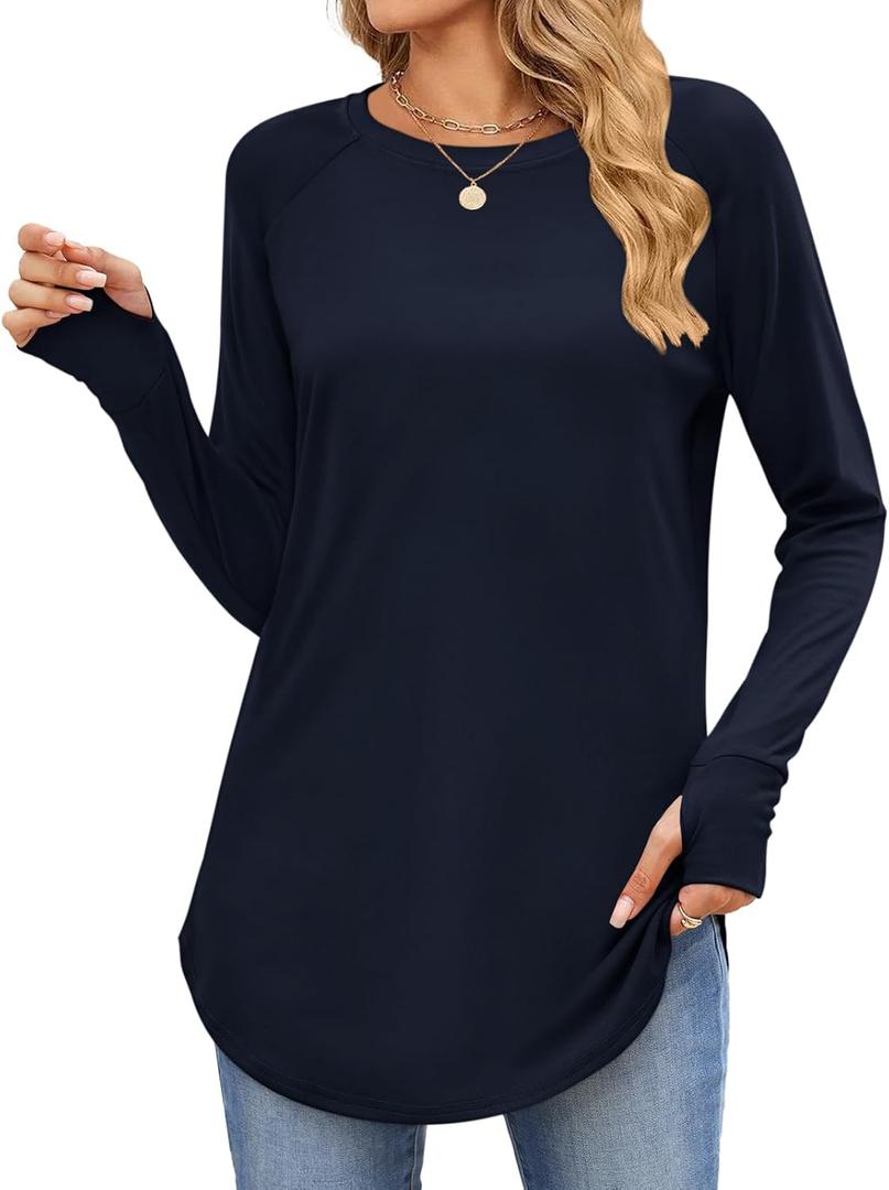 Womens Long Sleeve Tunic Tops Crew Neck Loose Casual Tee Shirts with Thumb Hole (L)