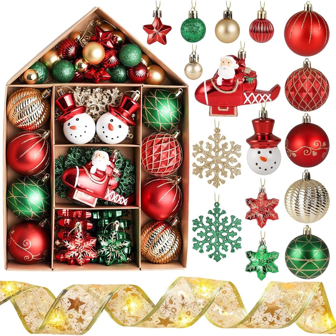 DomeStar Christmas Ball Ornaments Set, Xmas Balls for Tree Decor with House Shape Box for Christmas Wedding Engagement DIY (Red/Green/Gold)