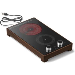 2 Burner Electric Cooktop 110v, Plug in Stove Top Burner, Countertop & Built-in Electric Burner with Knob Control, Wooden Frame, 9 Power Levels, 1800W