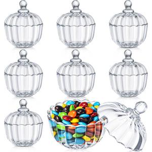 Tanlade 8 Pcs Glass Pumpkin Jar with Lids Crystal Candy Dish Clear Apothecary Jar Covered Candy Bowl Cute Jewelry Cookie Snack Box for Home Party Wedding Office Desk(Clear,Pumpkin)