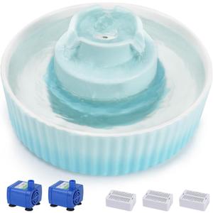 Lawfery Ceramic Cat Water Fountain, 2.1L/71oz Cat Fountain with 3 Carbon Filters and 2 Quiet Pumps, Cupcake Pet Water Dispenser for Cats and Dogs (Light Blue)