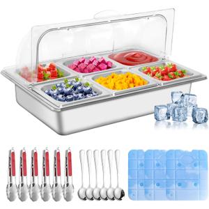 Countertop Ice Food Serving Display Tray with 6 Pan, Portable Salad Bar Buffet Station for Home, Cold Food Buffet Server, Stainless Steel Pizza Topping Station with Clear Roll Top Cover, 3 Ice Packs