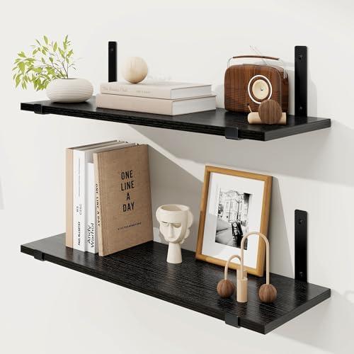 Fun Memories Deep Floating Shelves for Wall, 24" W x 8" D Wall Mounted Shelves Set of 2, Wide Display & Storage Shelves with Sturdy Metal Brackets for Bathroom, Kitchen, and Living Room, Black