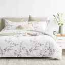 LEMIROE Vintage Botanical White Cotton Comforter King Size - Elegant Gray Flowers and Taupe Branches on White, Light Gray Striped Back, 3PC Lightweight Bedding Set with Ultra-Soft Alternative Fill