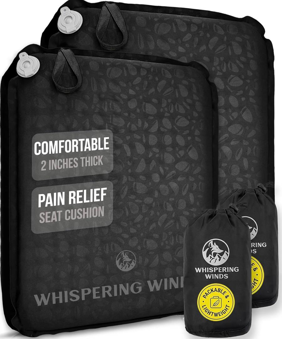 Whispering Winds Inflatable Seat Cushion - Comfortable Blow-up Foam Pad for Airplane, Travel, Stadium, Outdoors, Camping, Car & More (Large, Black - 2pack)