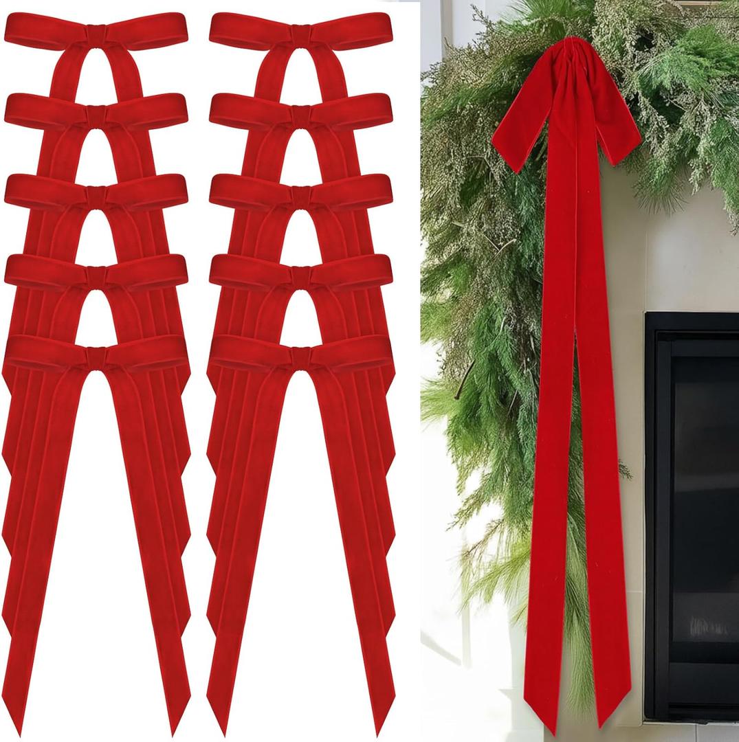 24 Pcs Velvet Bows Christmas Tree Ornaments Vintage Velvet Ribbon Bows for Tree Garland Wreath Indoor Xmas Decorations(9 x 13 Inch,Width of 1 1/2",Red)
