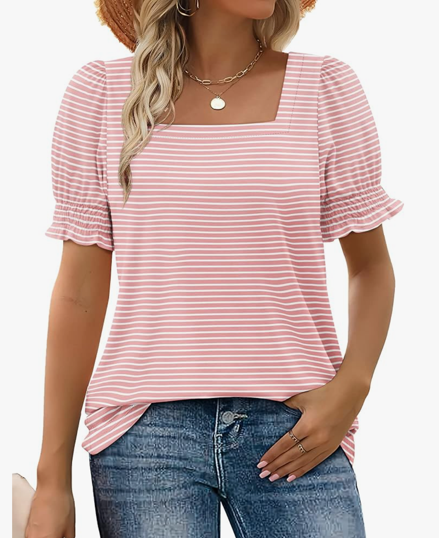 WIHOLL Tops for Women Summer Casual Ruffle Trim Sleeve Square Neck T Shirts,Size XXL