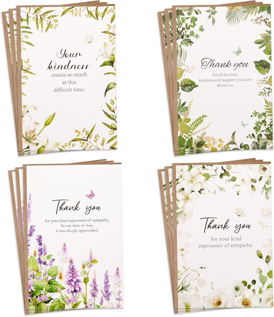 Crisky 50 Pack Funeral Thank You Cards with Message Inside Envelopes and Stickers Watercolor Greenery Plants Floral 4 Assortment (50 Pieces, Assorted Floral)