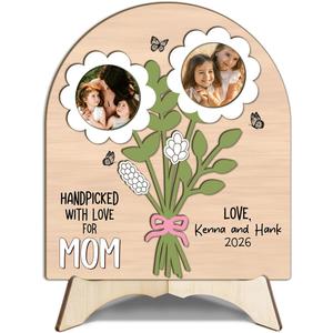 DIY Custom Flower Bouquet Photo Sign, Handpicked With Love Flower Photo Frame, Mothers Day Birthday Picture Tabletop Display Keepsake Gift for Mom Mommy, Mother's Day Photos Plaque from Daughter Son