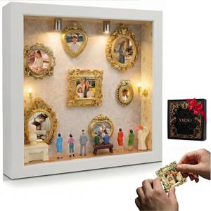 DIY Mini Museum Silhouette Box for Anniversary, Shadow Box Frame with Gold Mini Picture Frames & People Figurines for Valentine's Day Gifts, Birthday, 8.74in