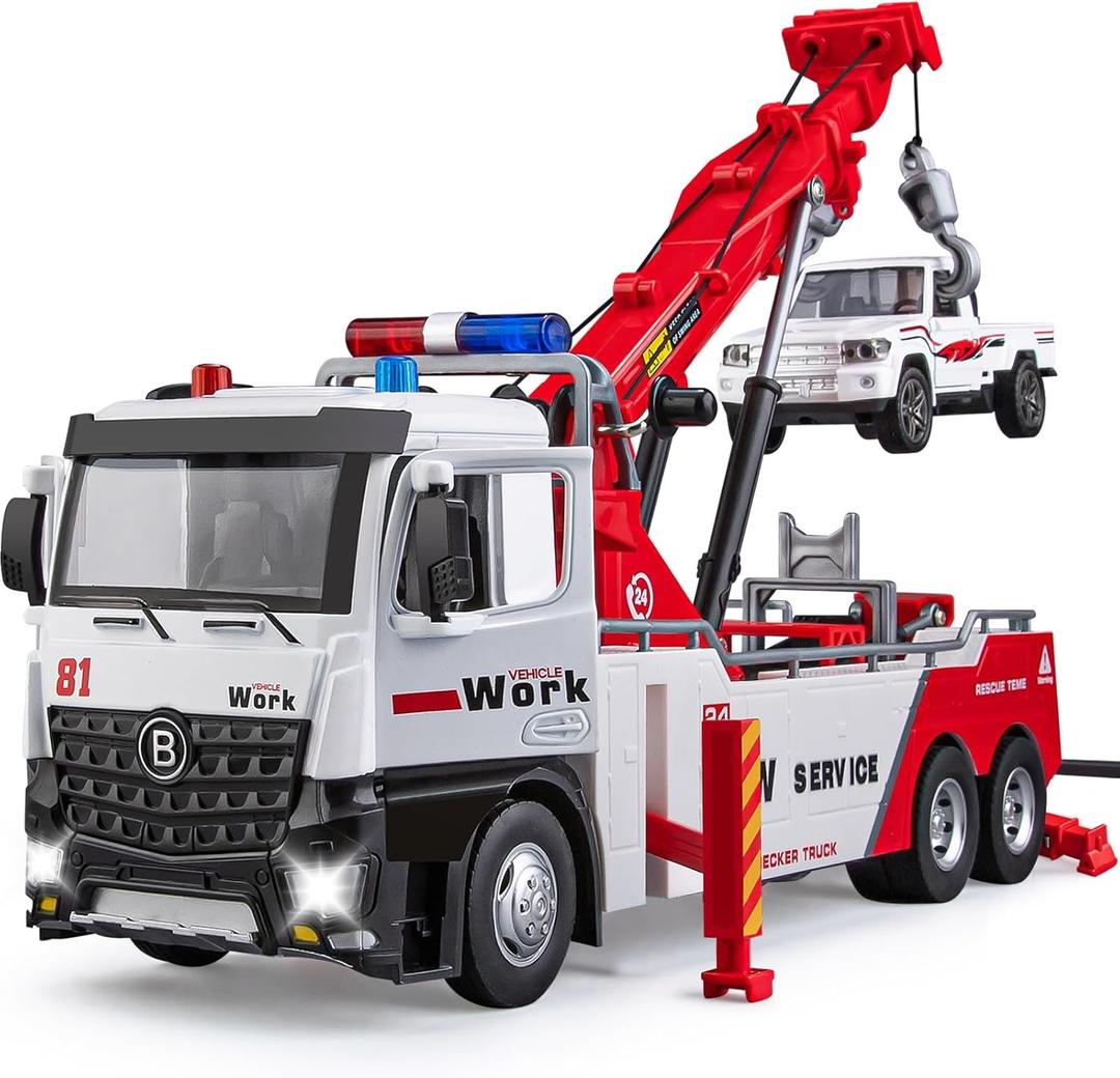 Tow Truck Toy for Boys, Metal Tow Truck with Crane Toy Model, Construction Vehicles with Lights and Sounds, Gift for Kids
