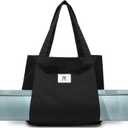 Moyaqi Canvas Tote Bag with Yoga Mat Carrier Pocket Carryall Shoulder Bag for Office, Workout, Pilates, Travel, Beach and Gym (Black)