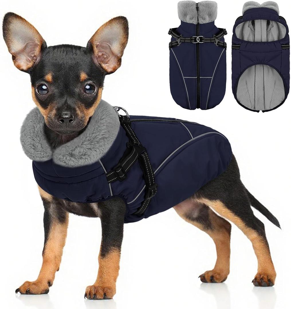 Dog Jackets for Small Dogs, Dog Coat with Harness Built in, Reflective Pet Fleece Vest with Turtleneck, Dark Blue S