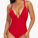 SHAPERIN Women's One Piece Swimsuit Deep V Neck Bathing Suits Tummy Control Push Up Padded, Size L