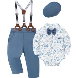 Baby Boy Clothes Suits 0-24M Infant Gentleman Outfit Long Sleeve Dress Shirt+Suspender Pants+Bowtie+Beret Wedding Set